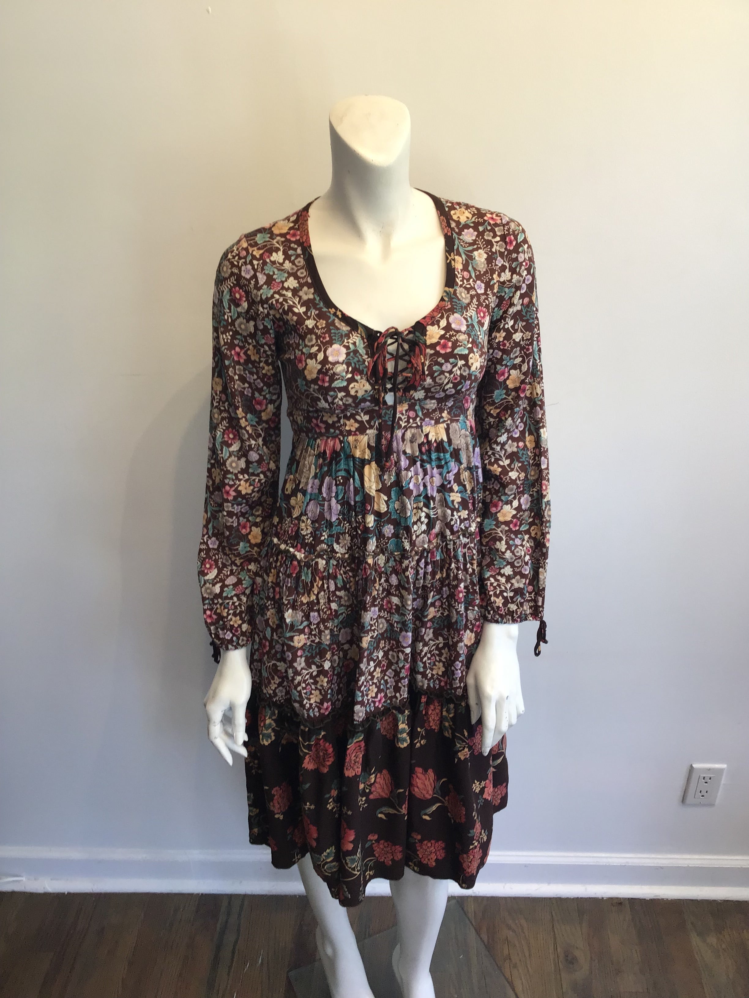 1970s Brown Floral Cotton Dress Size 4