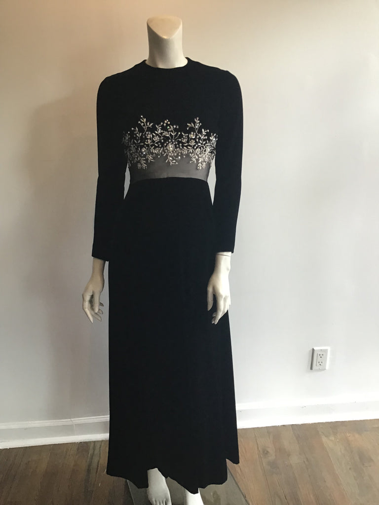 1960s black silk velvet Malcolm Starr Evening Dress with rhinestone and crystal detailing on bodice 