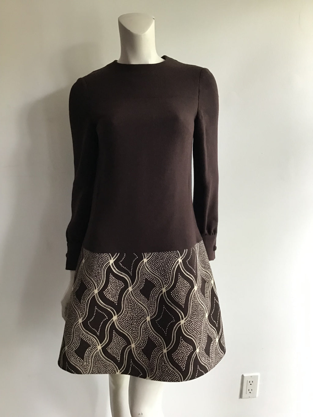 1960s Wool/Wool Crepe Brown Printed Dress with Jacket and Scarf Size 8