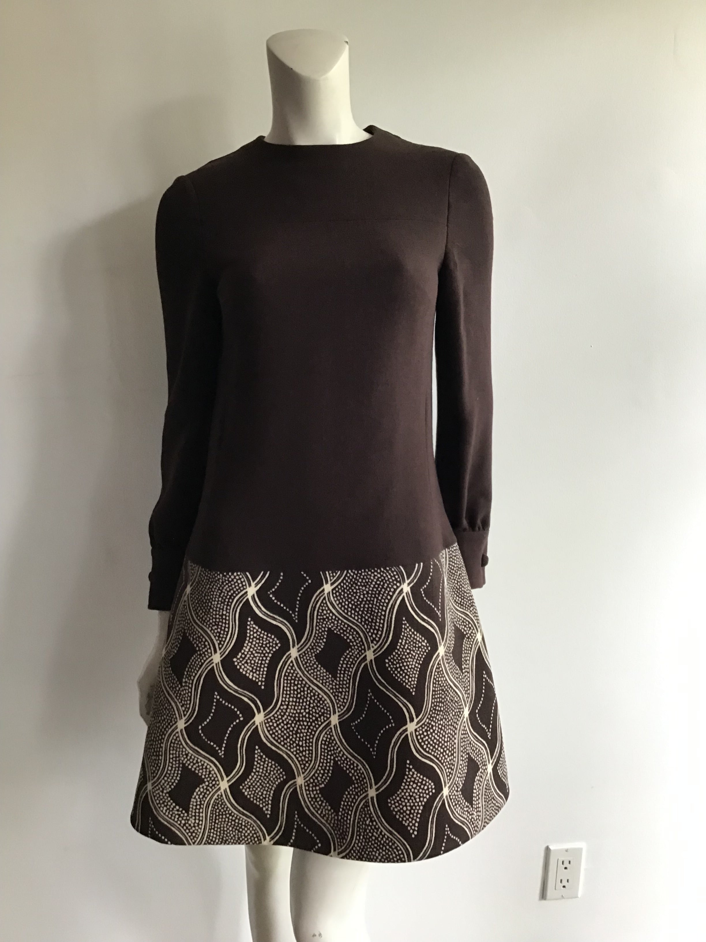 1960s Wool/Wool Crepe Brown Printed Dress with Jacket and Scarf Size 8