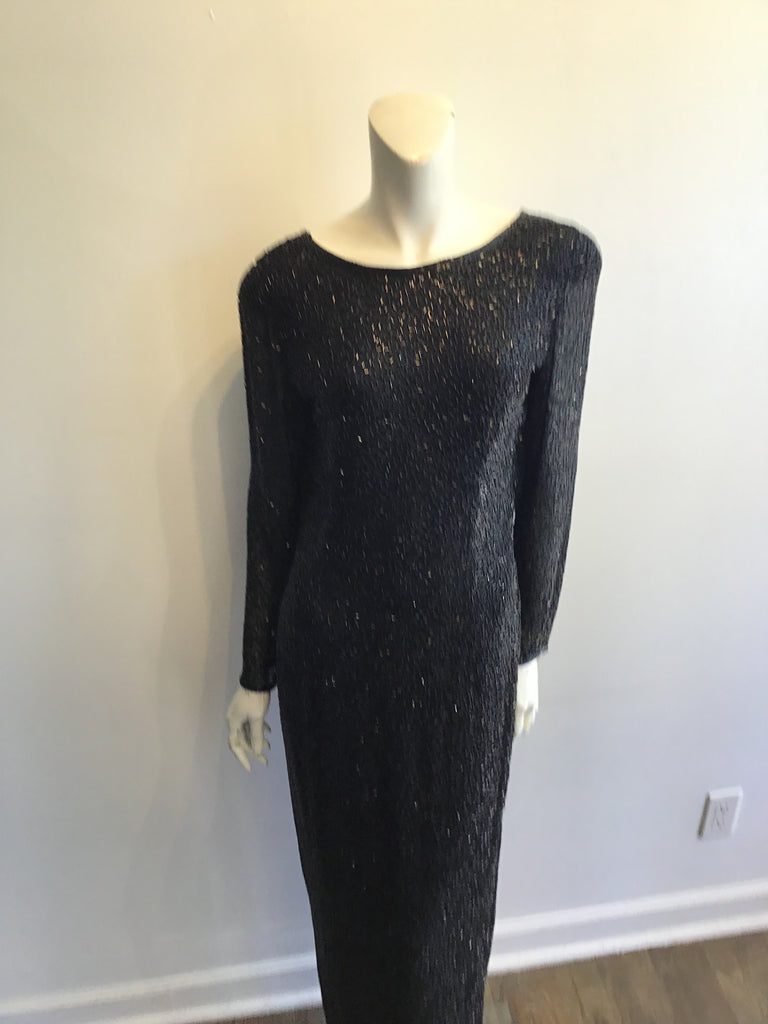 1980’s Oleg Cassini Black Beaded Silk/Rayon Evening Dress Size 10