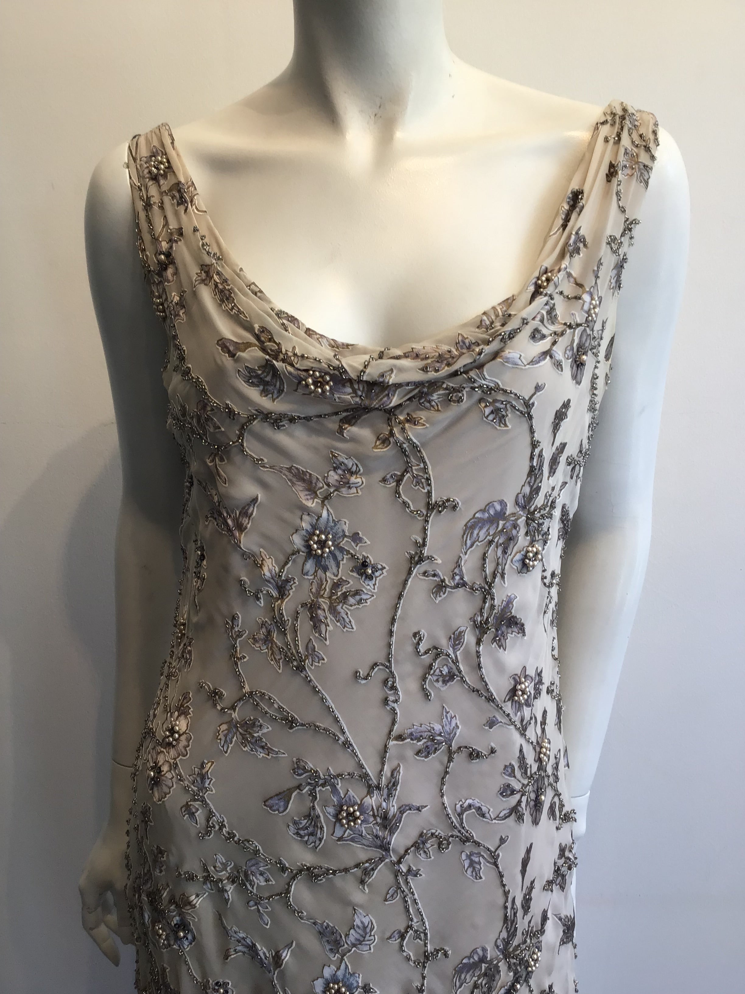1990s Victoria Royal Taupe Silk Evening Gown Size 16