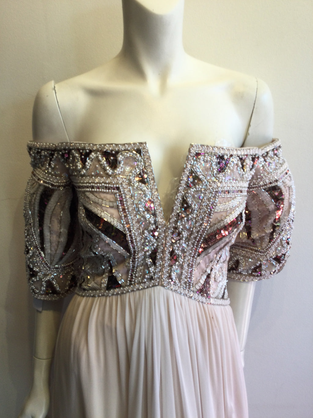 1980’s Bob Mackie Blush Chiffon Beaded Top Evening Gown