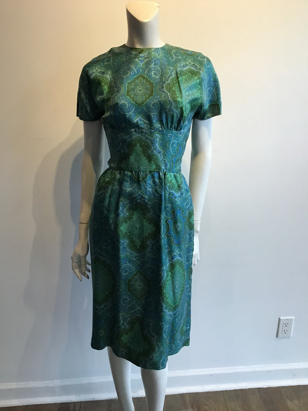 1950s Blue and Green Silk Day Dress Size 8