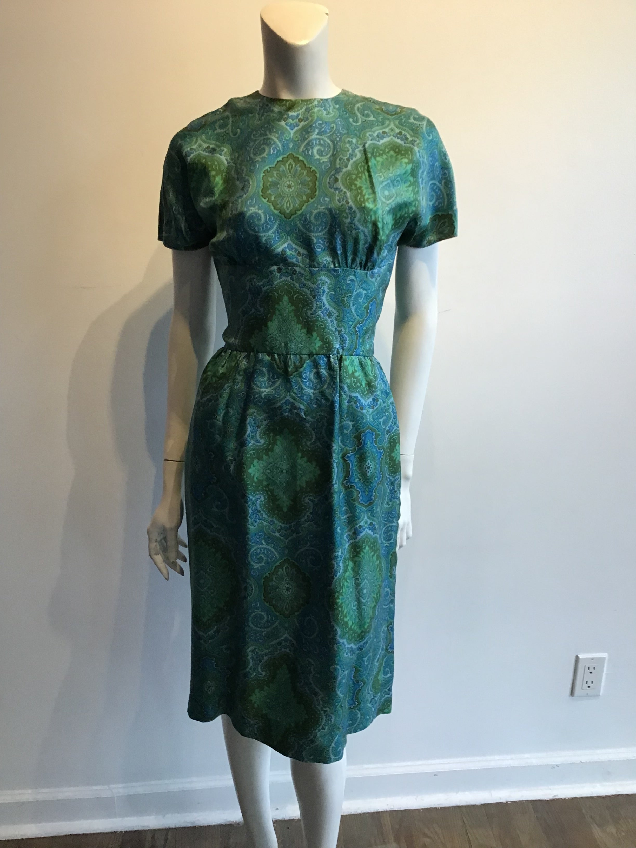 1950s Blue and Green Silk Day Dress Size 8