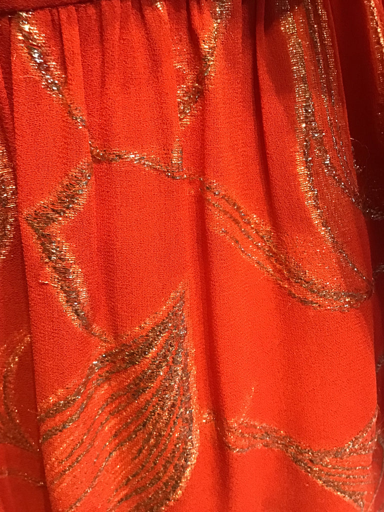 1970’s Adele Simpson Orange and Gold Lamé Evening Gown Size 8