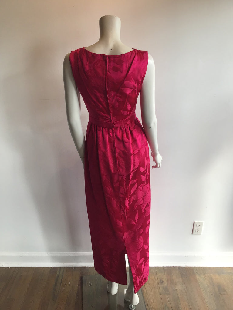 1960s De Penna Raspberry Silk Brocade Evening Dress-4/5
