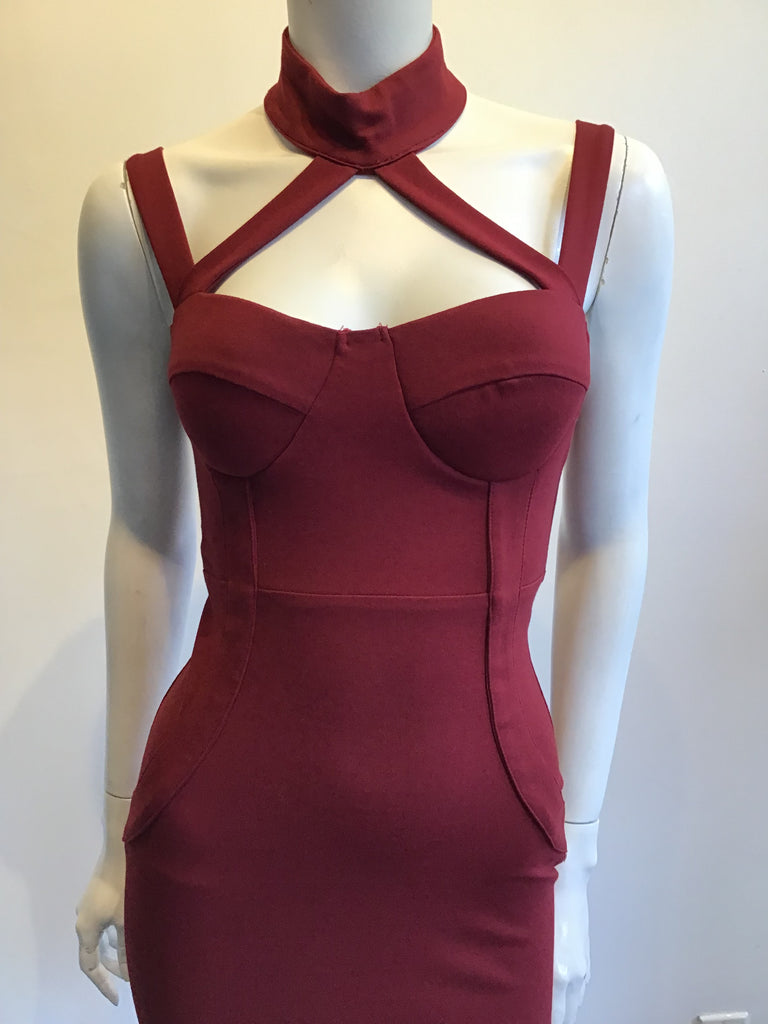 2000s Maroon Lycra Bustier Dress Size 4