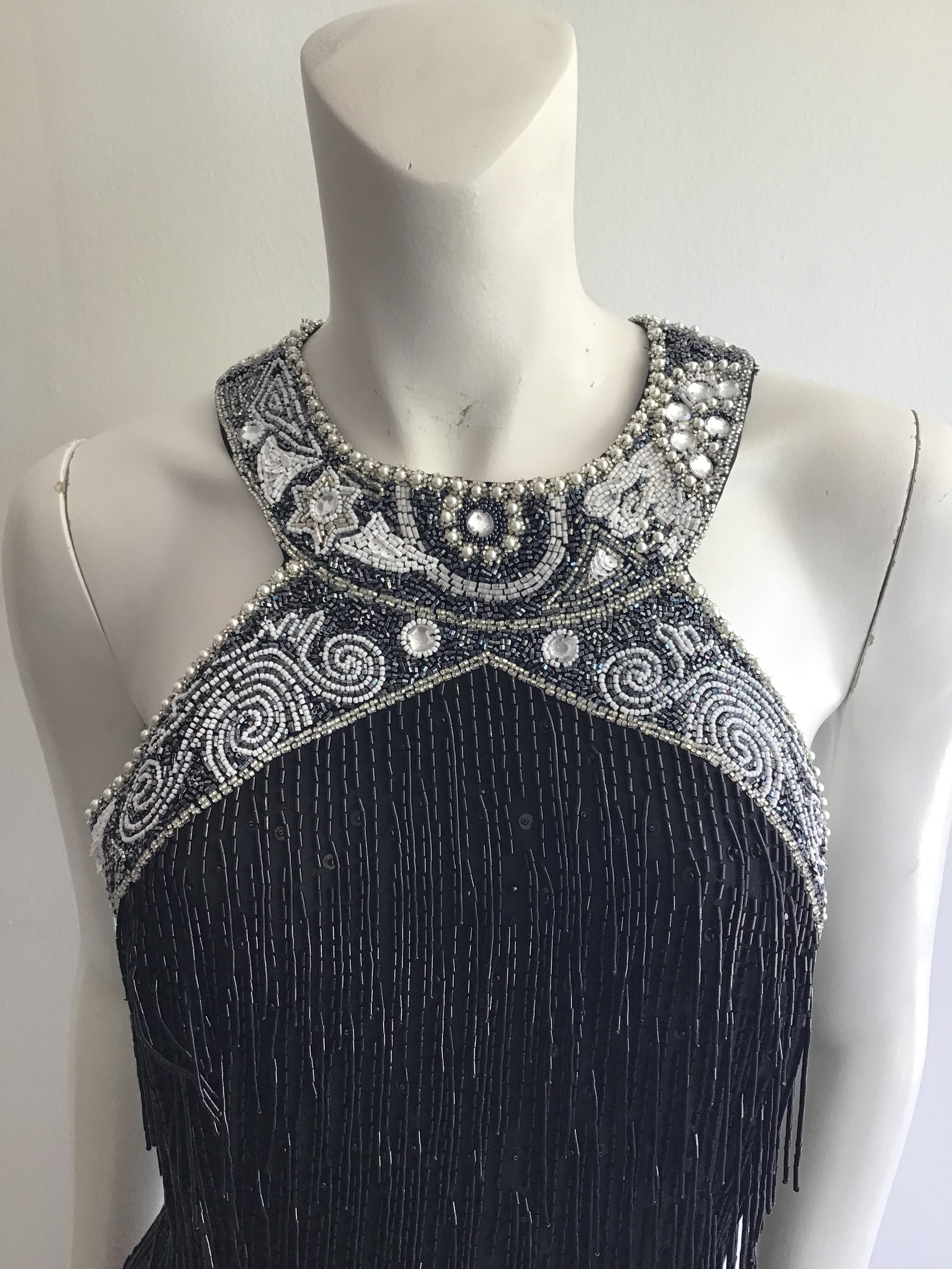 1980's Black Beaded Fringe Evening Dress Size 8