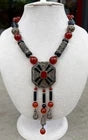 CARNELIAN MARCASITE AND ONYX STERLING NECKLACE