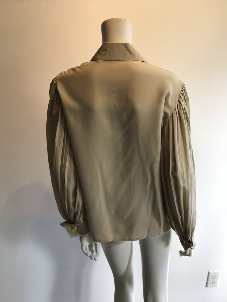 Late 1980s Valentino Taupe Silk Blouse with Pleated Sleeves Size 8