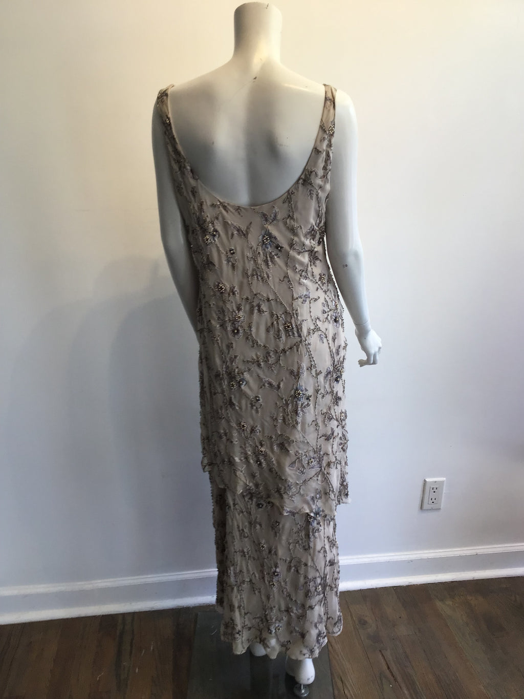 1990s Victoria Royal Taupe Silk Evening Gown Size 16