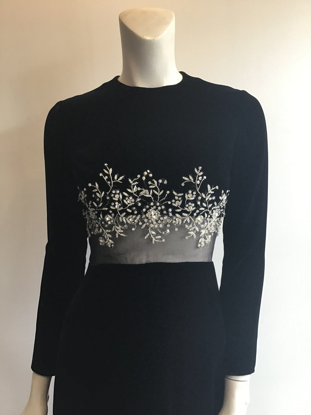 1960's Malcolm Starr Black Silk Velvet Evening Dress with rhinestone and Crystal detailing on bodice illusion waist Size 5/6