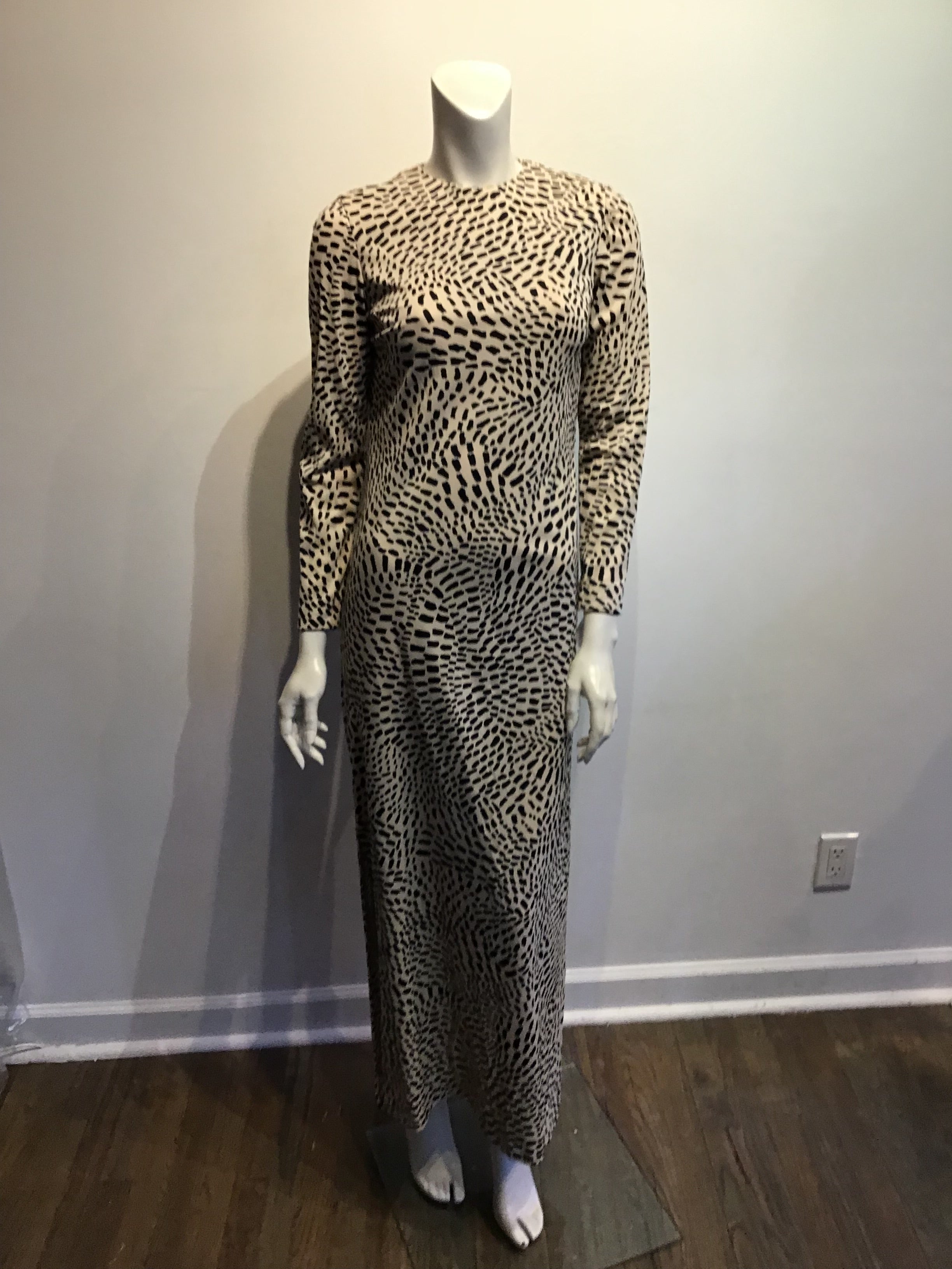 1970’s Richard Kaplan Cream/Black Printed Polyester Dress Size 8