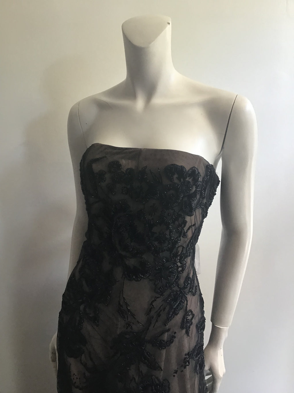 1990s Bagley Mischka Black/beige  Beaded Evening Gown with Train-10/12