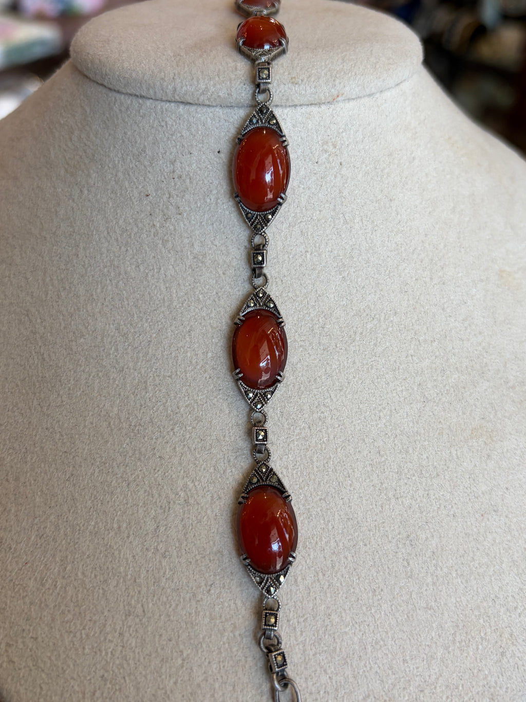 ART DECO STERLING AND CARNELIAN CABACHON BRACELET WTH MARCASITE