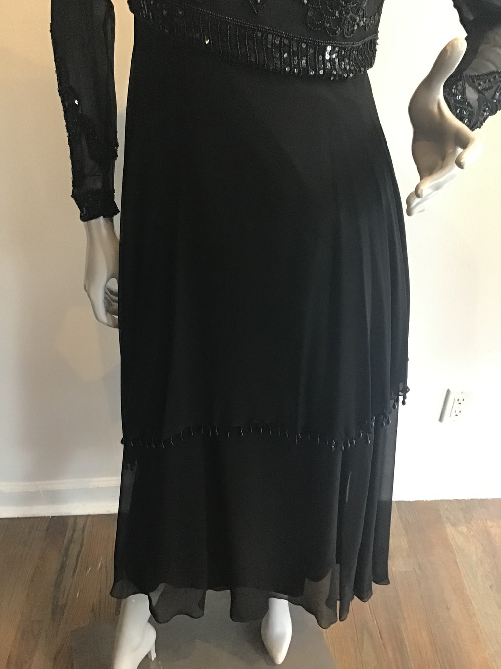 1970's Black Beaded and Sequninned Chiffon Tiered Evening Dress