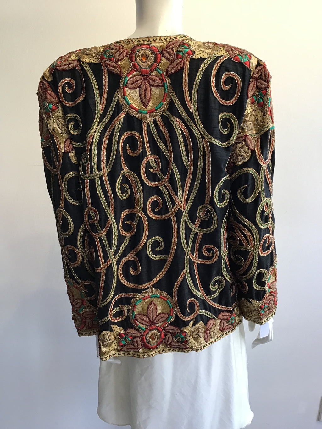 1980’s Black Silk Gold Embroidered and Sequined Evening Jacket Size 8