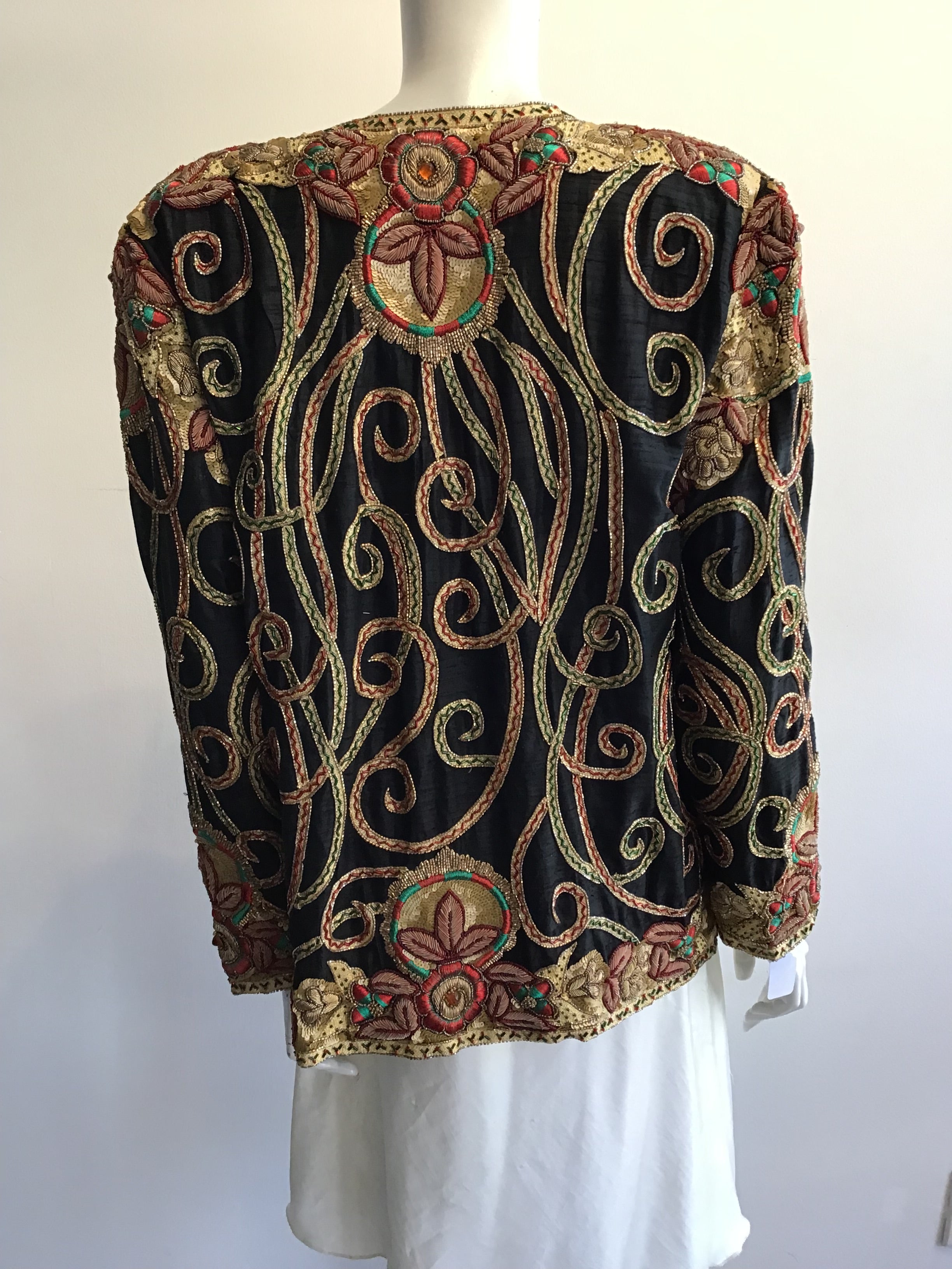 1980’s Black Silk Gold Embroidered and Sequined Evening Jacket Size 8
