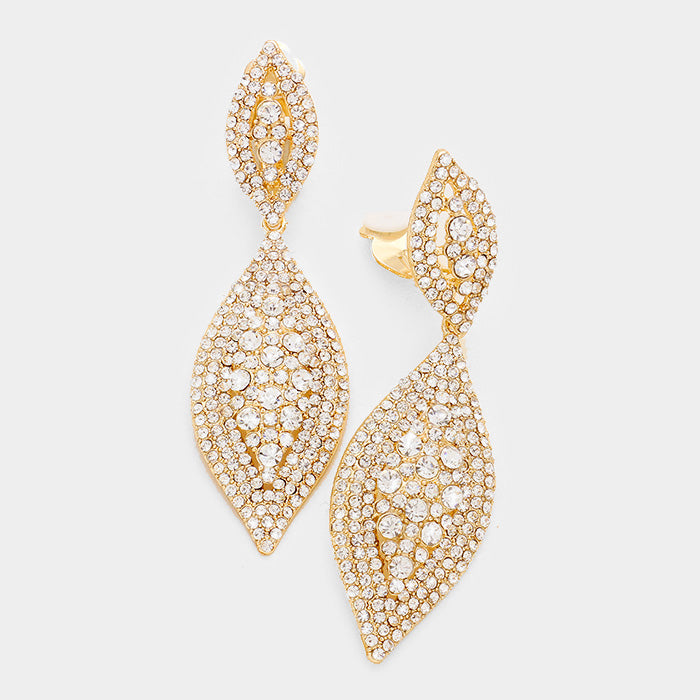 Gold Marquise Rhinestone Leaf Drop Clip on Earrings