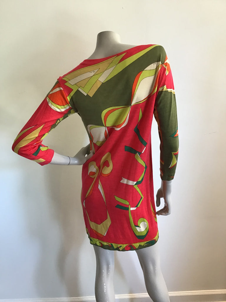 vintage 1960s emilio pucci short printed cashmere and silk blend red,  green and white print dress
