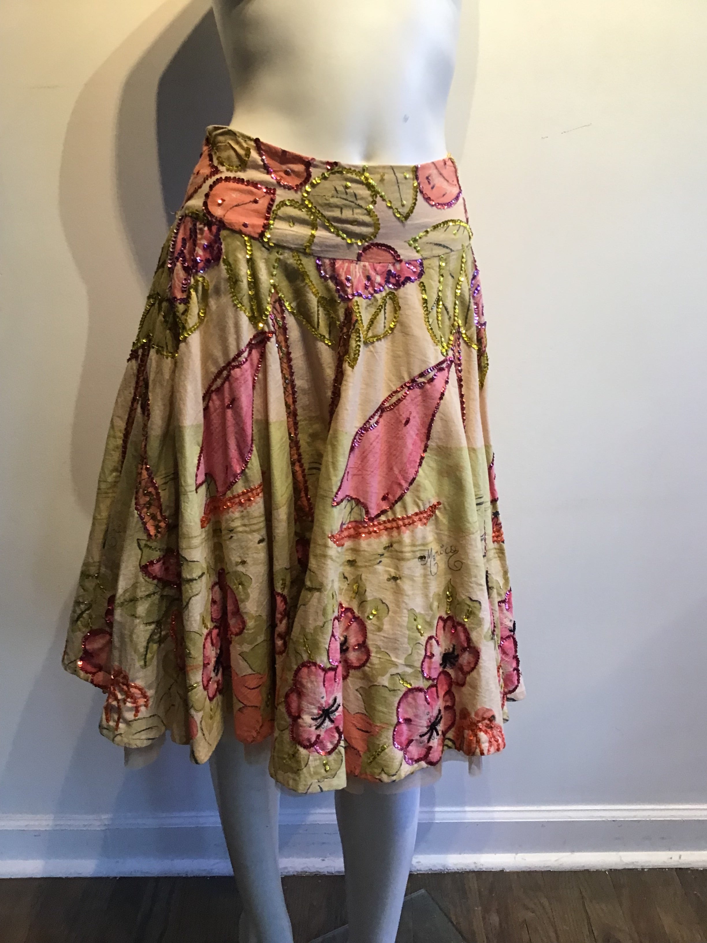 2000’s Monica of Paris Sequined Pin and Green Printed Skirt Size 8