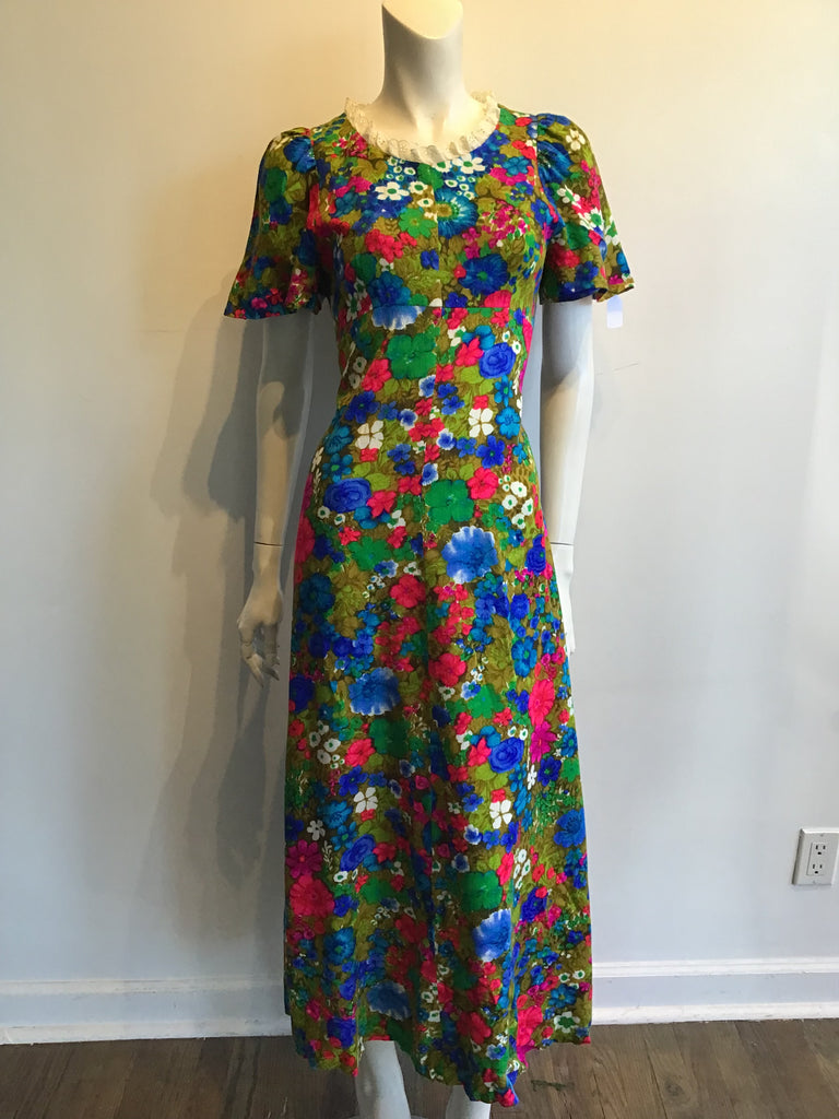 1970’s Green Floral Cotton/Polyester Lace Trim Maxi Dress Size 8/9