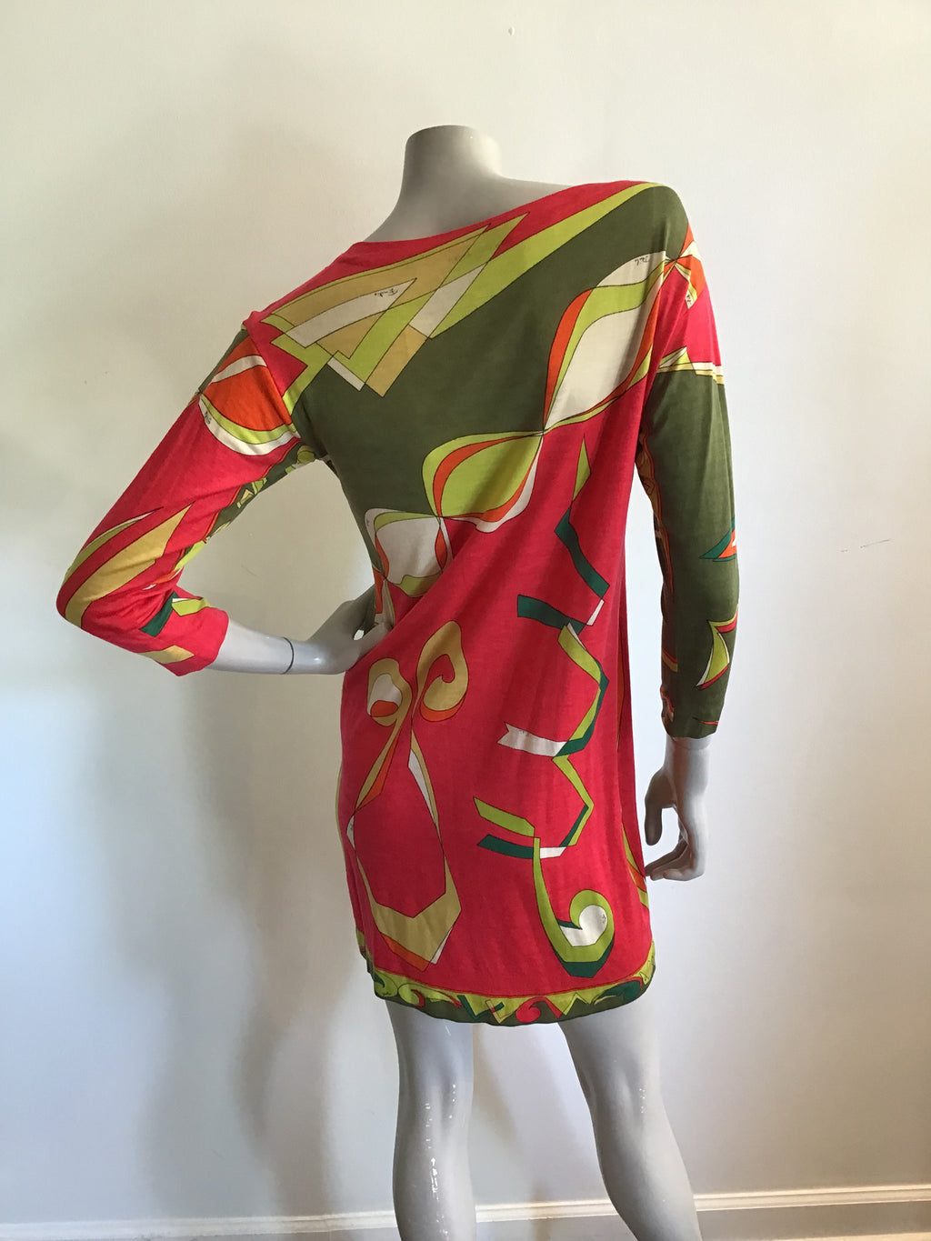 1960s Emilio Pucci Green and Red Cashmere/silk blend printed Shift Dress-size 6