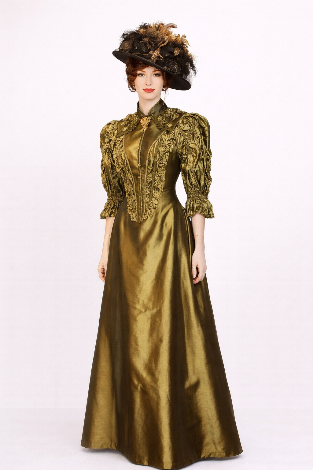 Chartreuse Silk Victorian Turn of the Century Gown, Women's Costume Rental