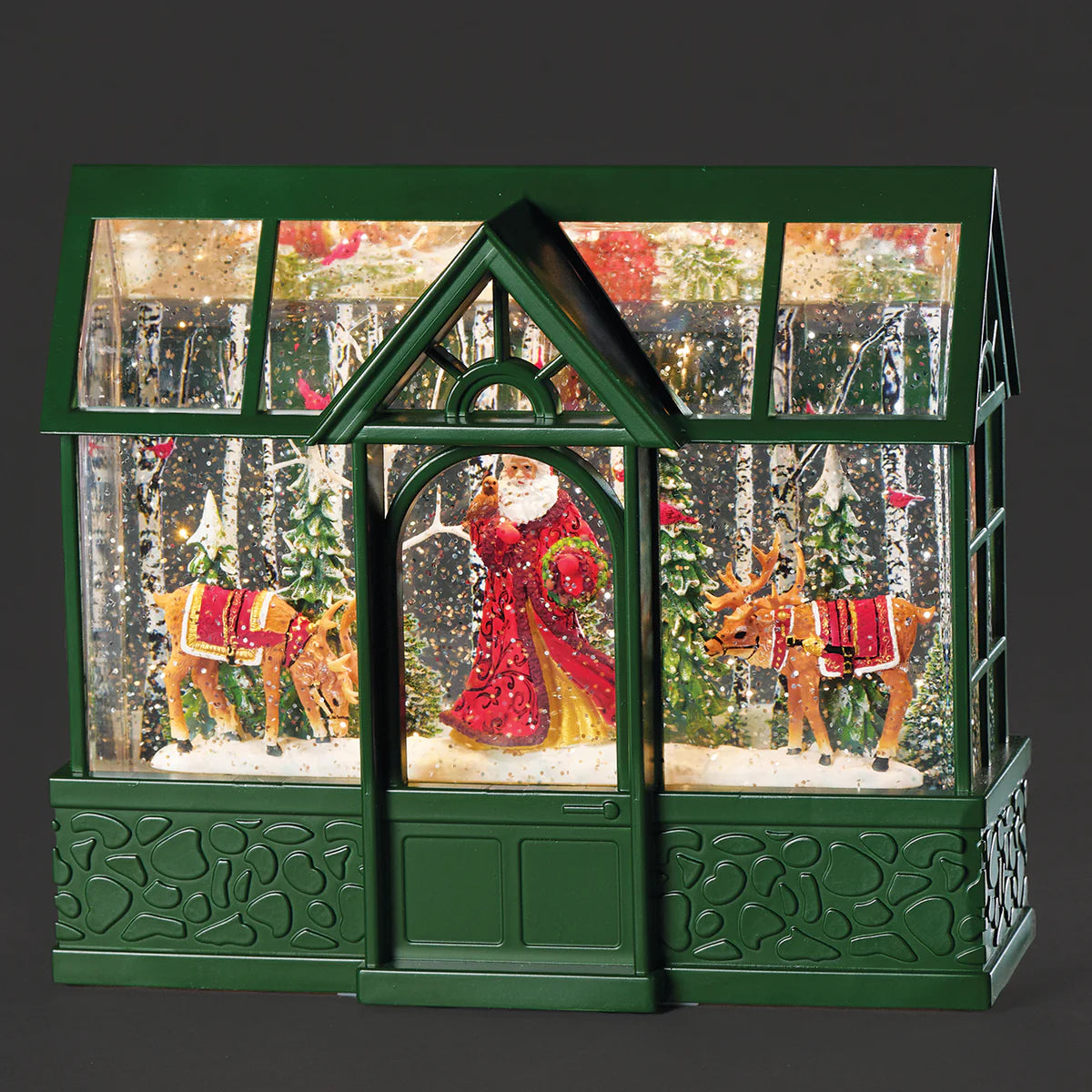 Confetti Lighted Swirl Greenhouse with Santa, Reindeer & Cardinal