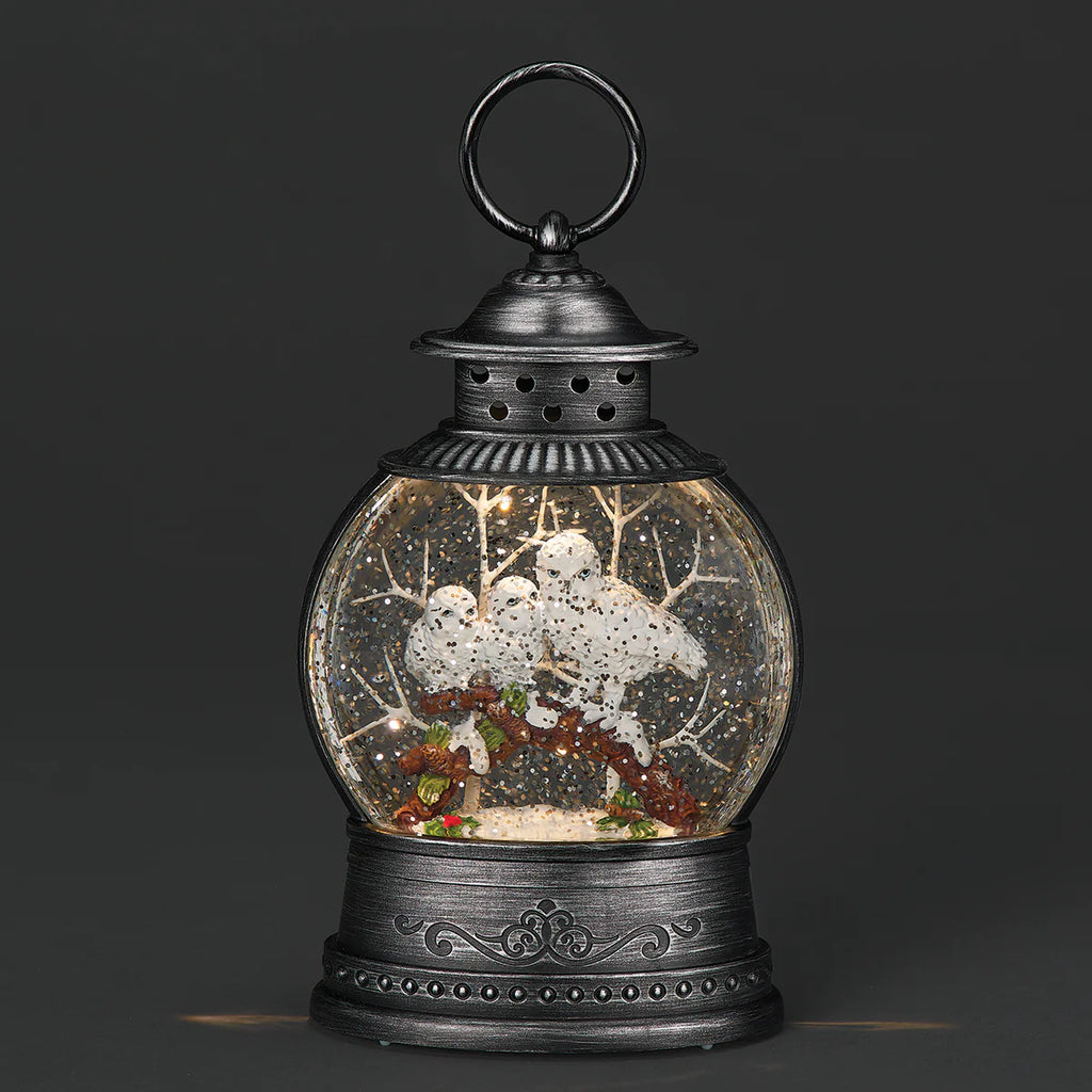 8.25" Confetti Lites Lighted Swirl Round Lantern with White Owl Family on Branch