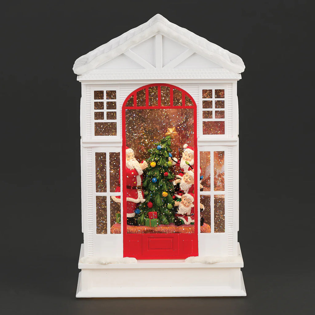 10" Confetti Lighted Swirl Two-Story House with Santa & Elves