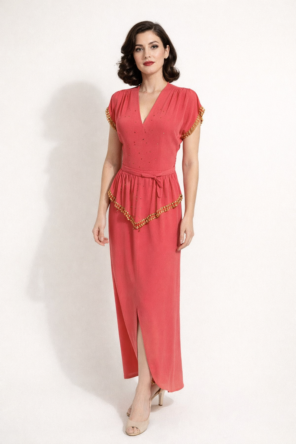 Coral Red Crepe Evening Gown 1940's Women's Costume Rental