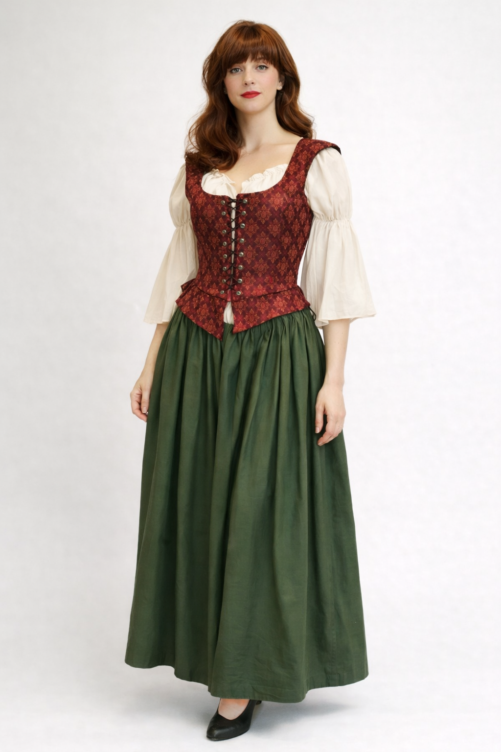 Corseted Puritan Wine Red & Green Gown Costume Rental