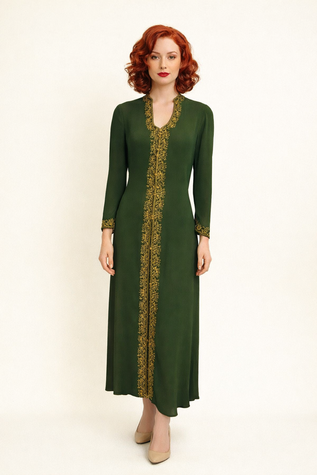 Crepe Embroidered Green Dress 1940's Women's Costume Rental
