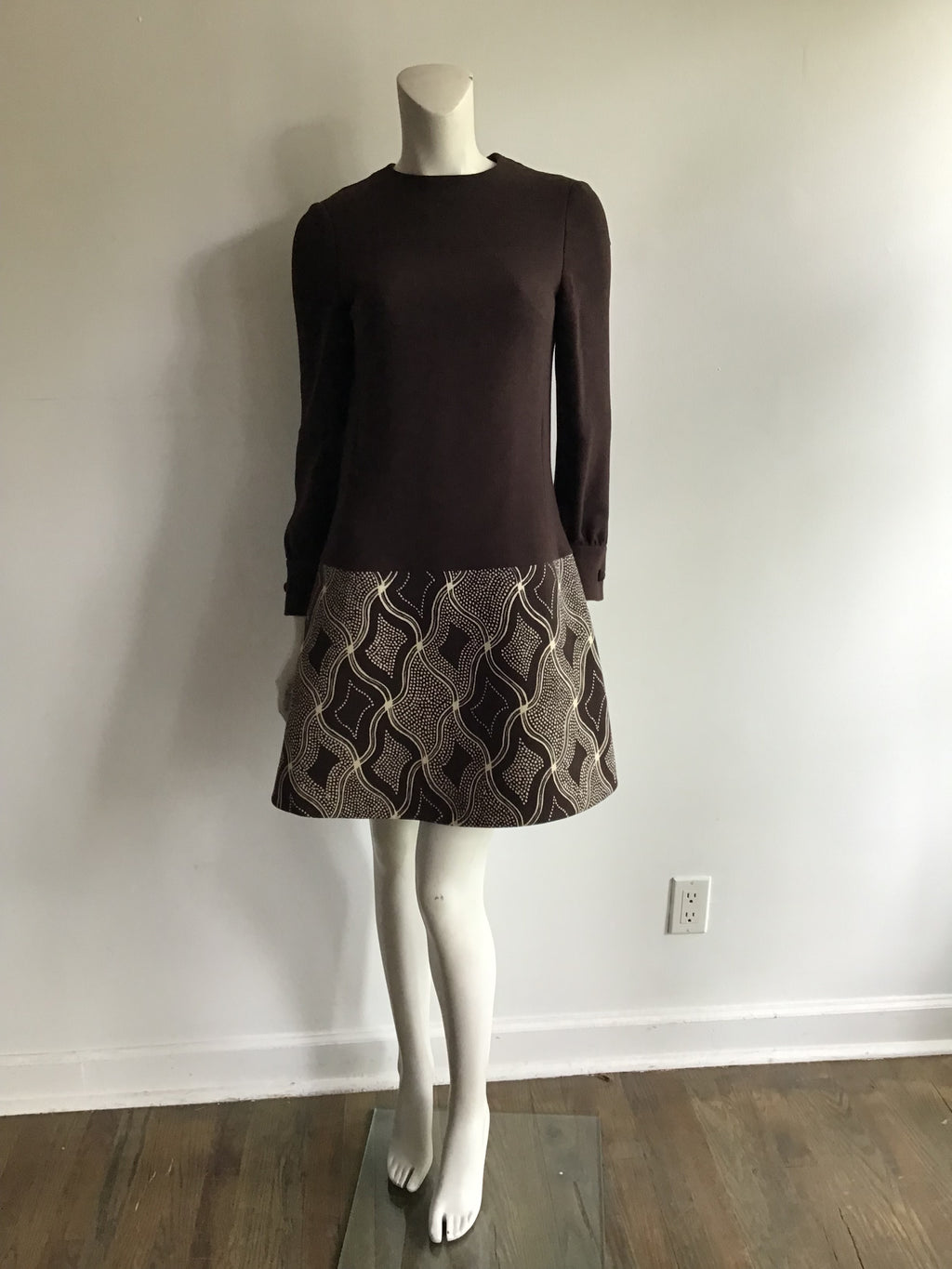 1960s Wool/Wool Crepe Brown Printed Dress with Jacket and Scarf Size 8