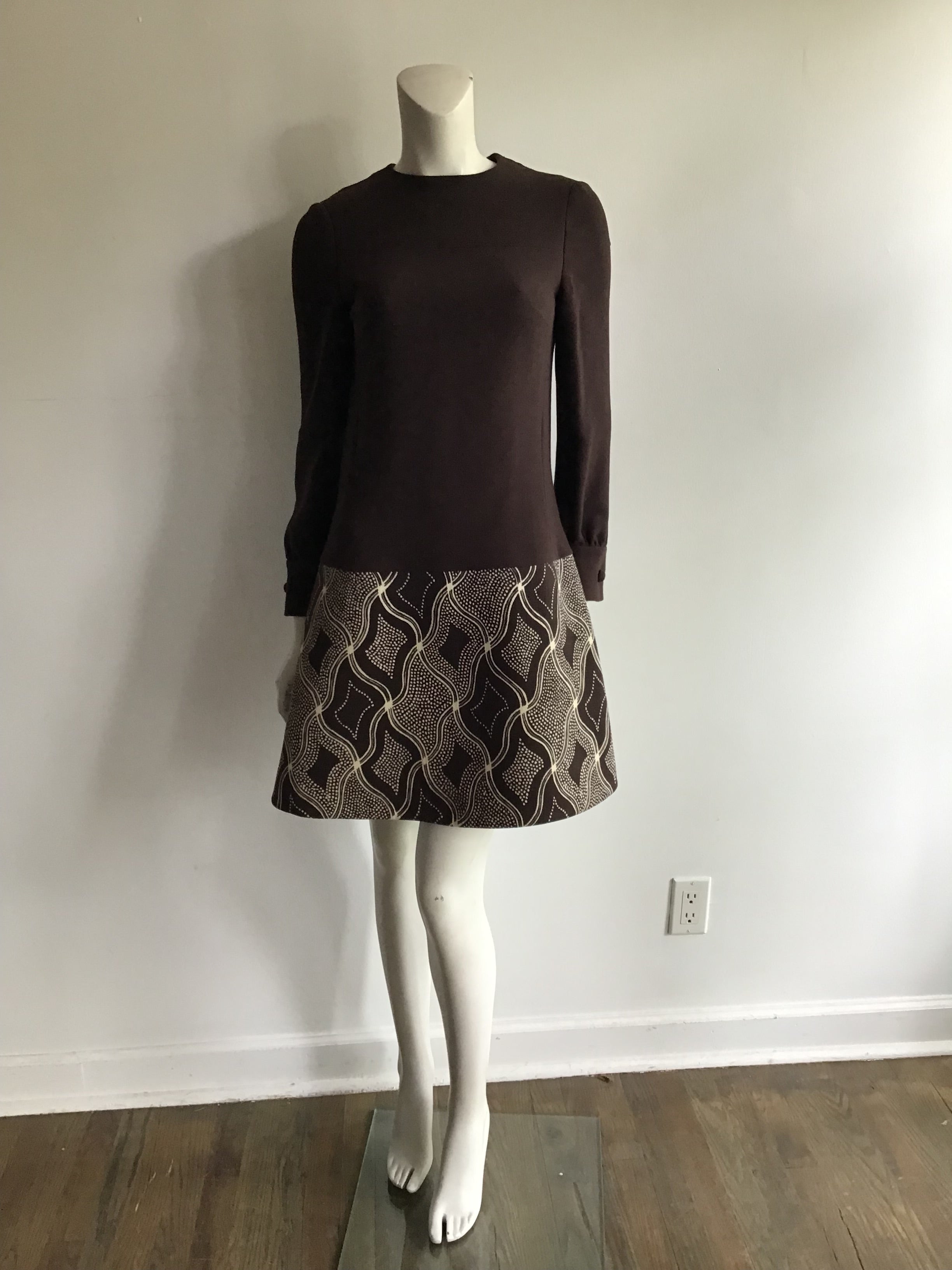 1960s Wool/Wool Crepe Brown Printed Dress with Jacket and Scarf Size 8