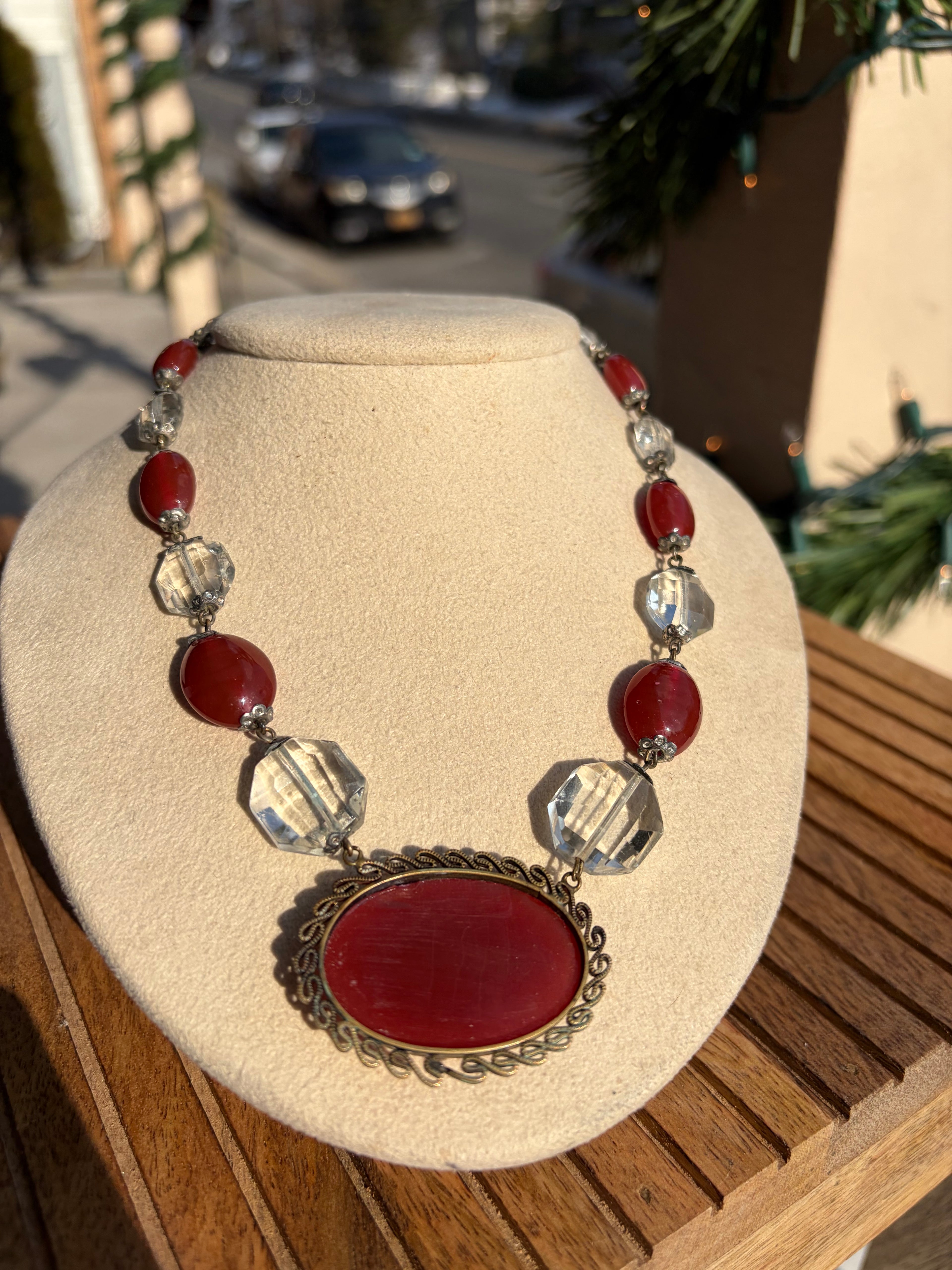 Art Deco Carnelian and Crystal bead Necklace