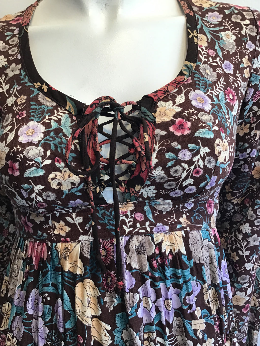 1970s Brown Floral Cotton Dress Size 4