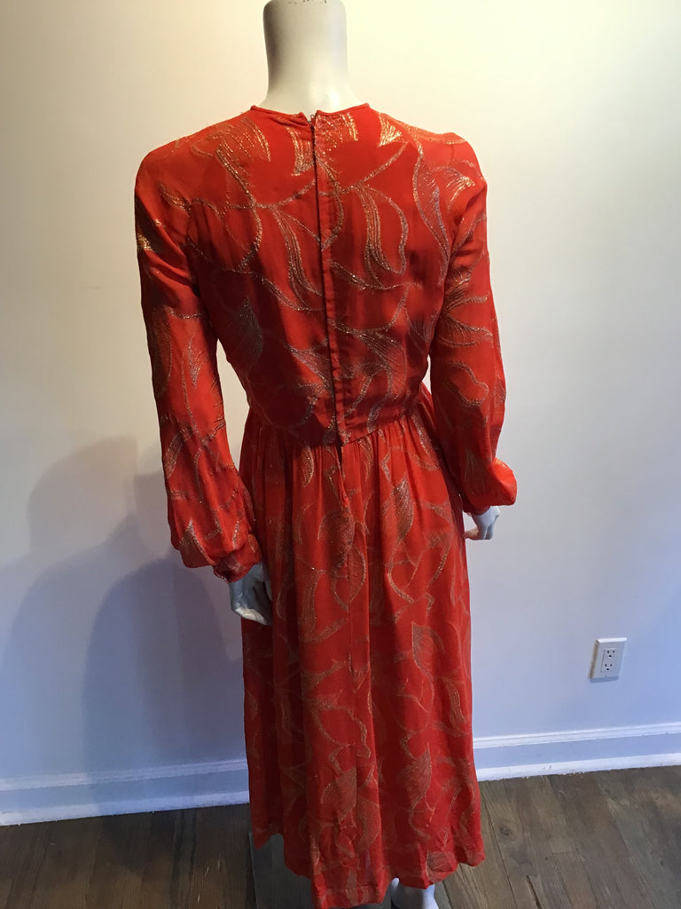1970’s Adele Simpson Orange and Gold Lamé Evening Gown Size 8