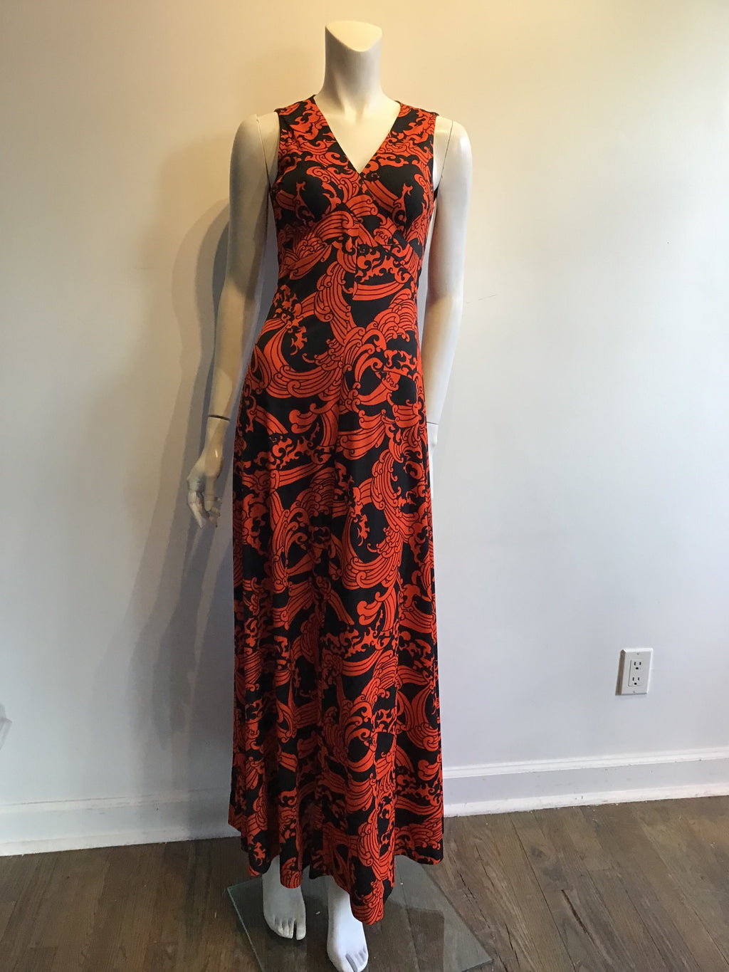 1970’s Orange and Black Printed Polyester Maxi Dress Size 6