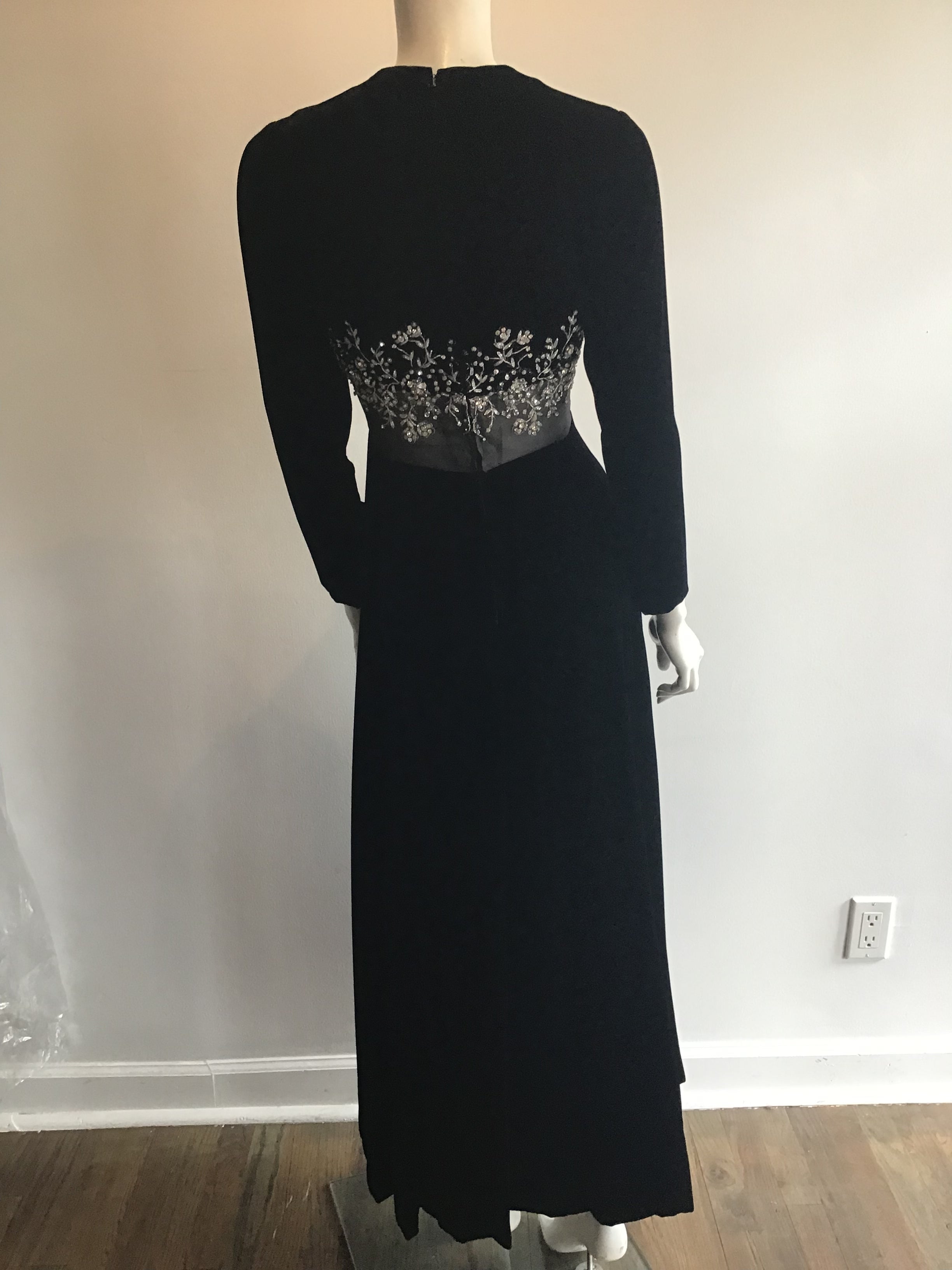 1960's Malcolm Starr Black Silk Velvet Evening Dress with rhinestone and Crystal detailing on bodice illusion waist Size 5/6