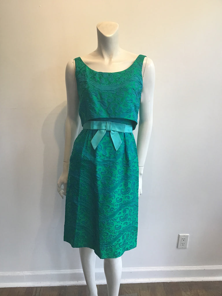 Late 1950s Green and Blue Silk Brocade Cocktail Dress Size 6