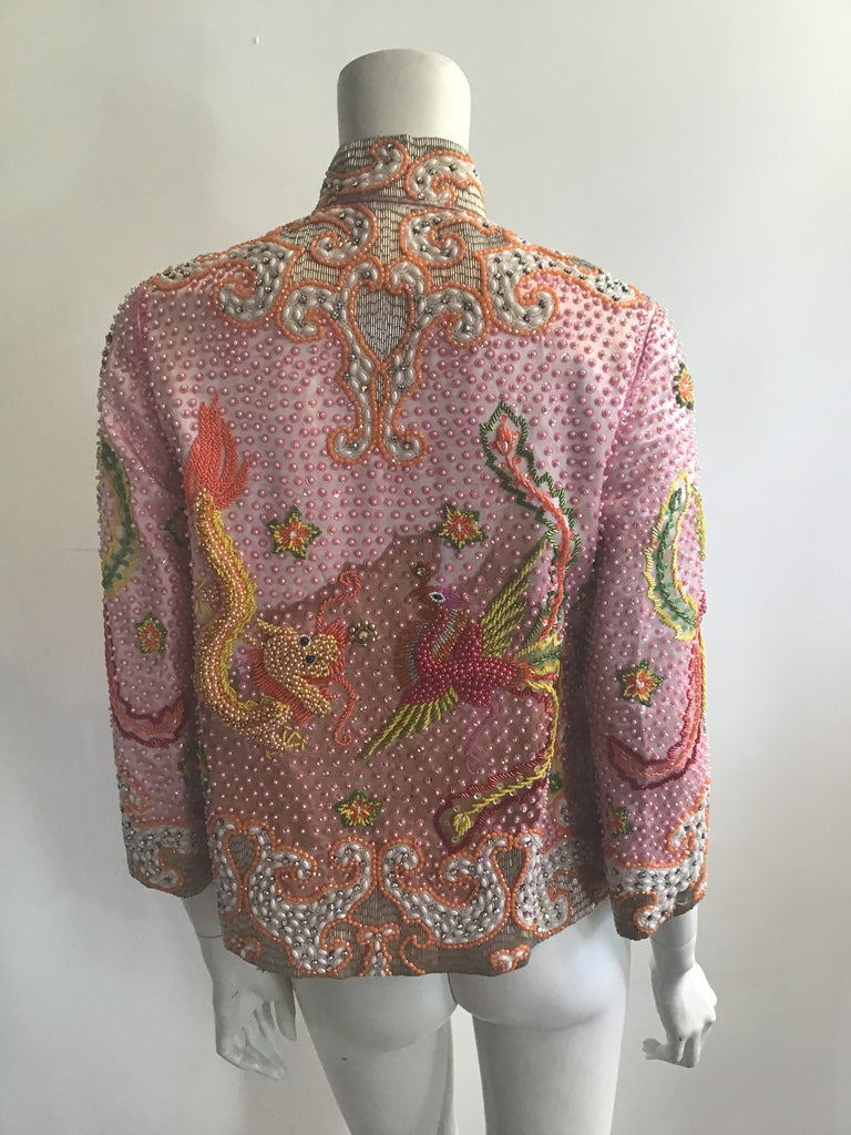 1960s Rare Chinese Pink Silk Handbeaded Jacket with Dragon and Phoenix -size 4/5