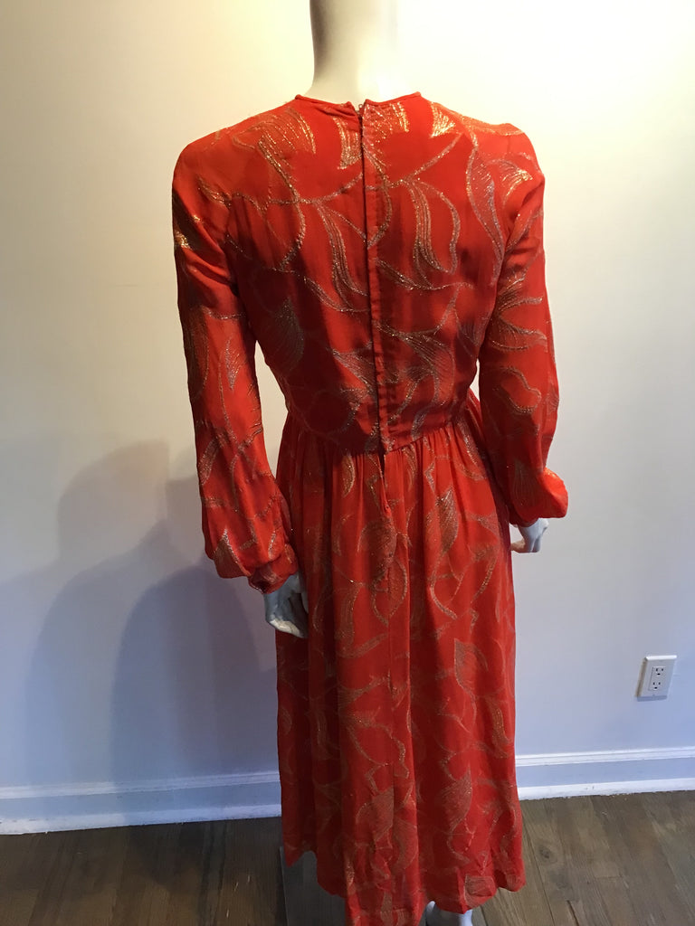 1970’s Adele Simpson Orange and Gold Lamé Evening Gown Size 8