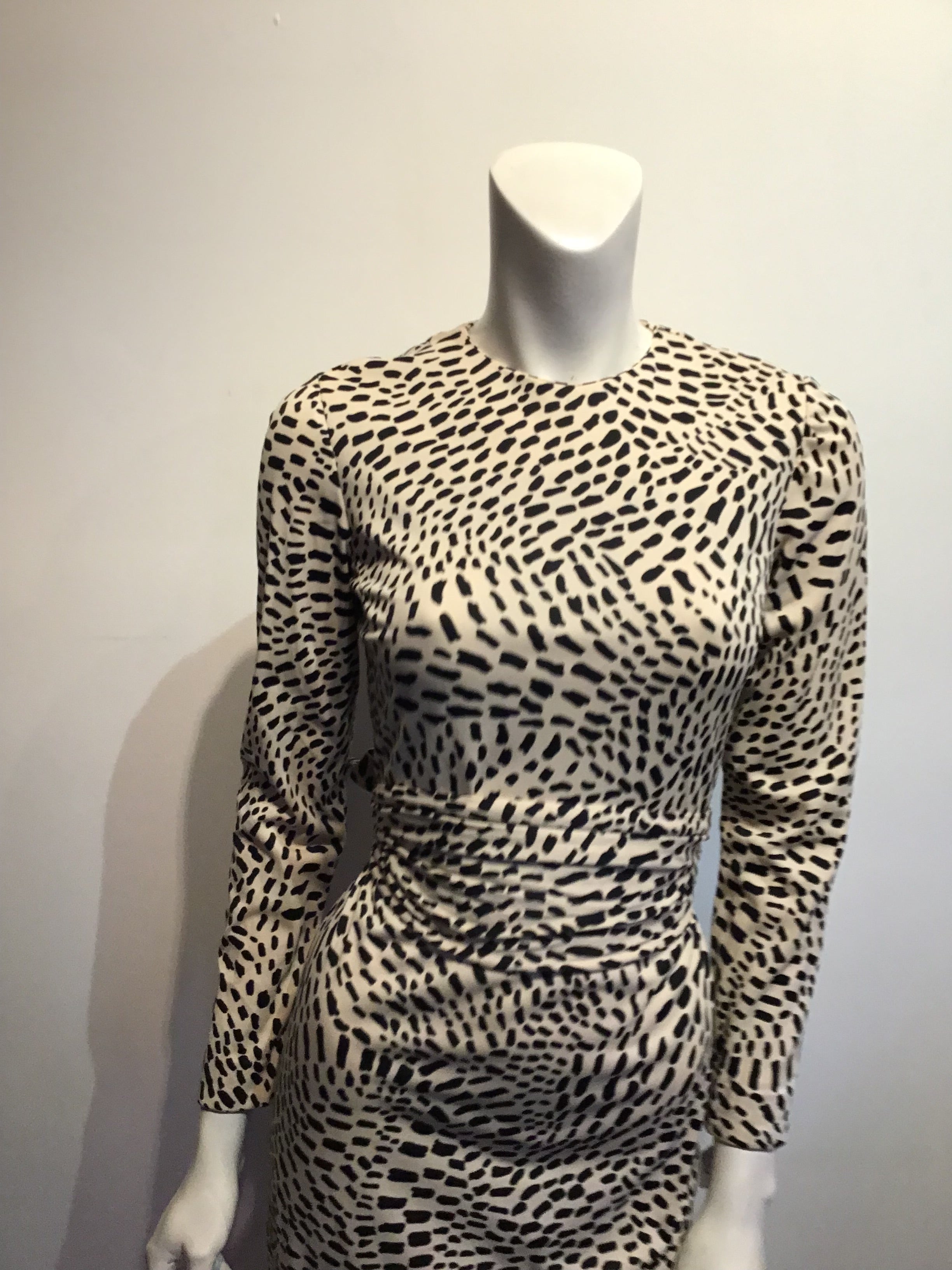 1970’s Richard Kaplan Cream/Black Printed Polyester Dress Size 8