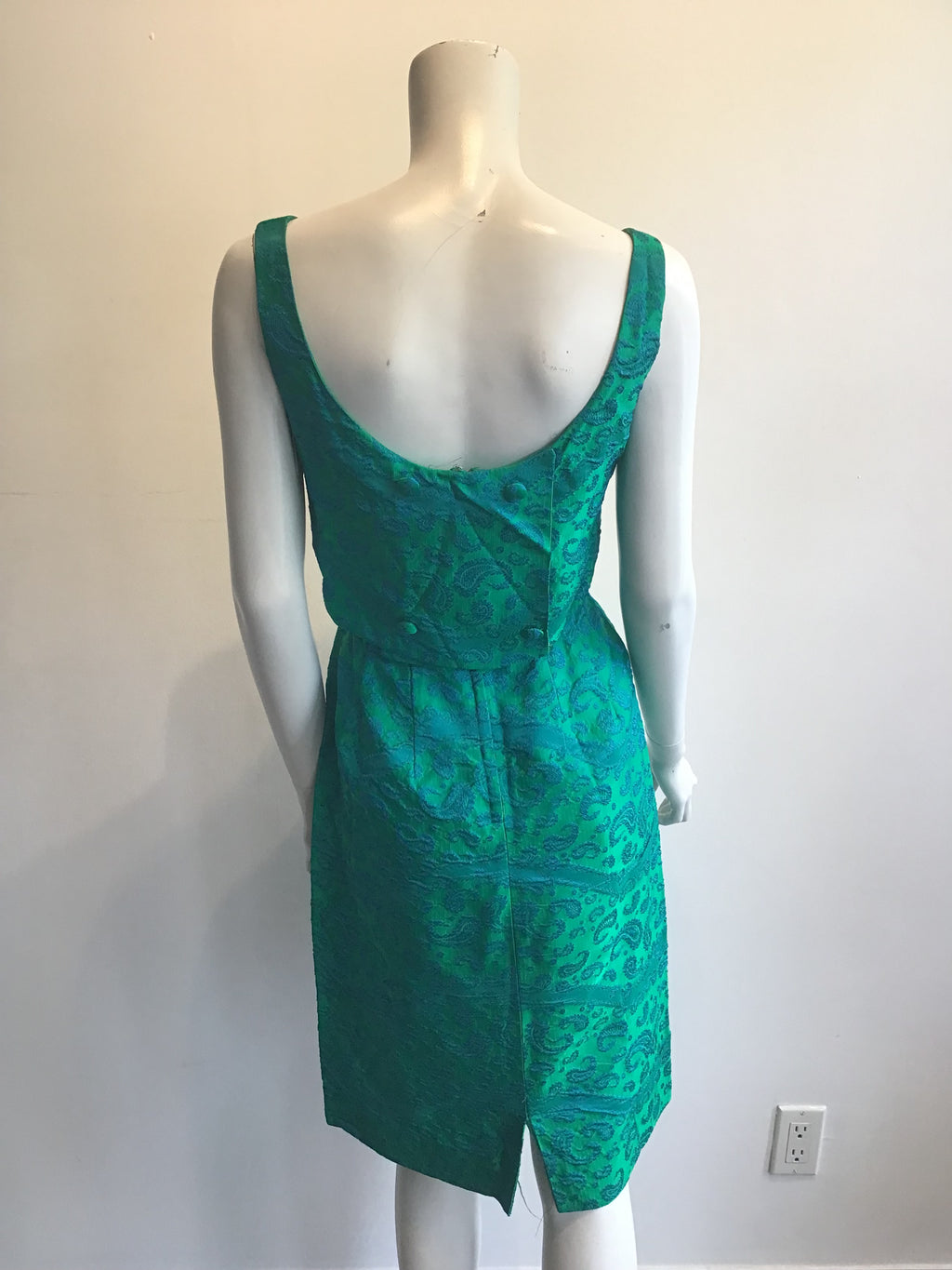 Late 1950s Green and Blue Silk Brocade Cocktail Dress Size 6