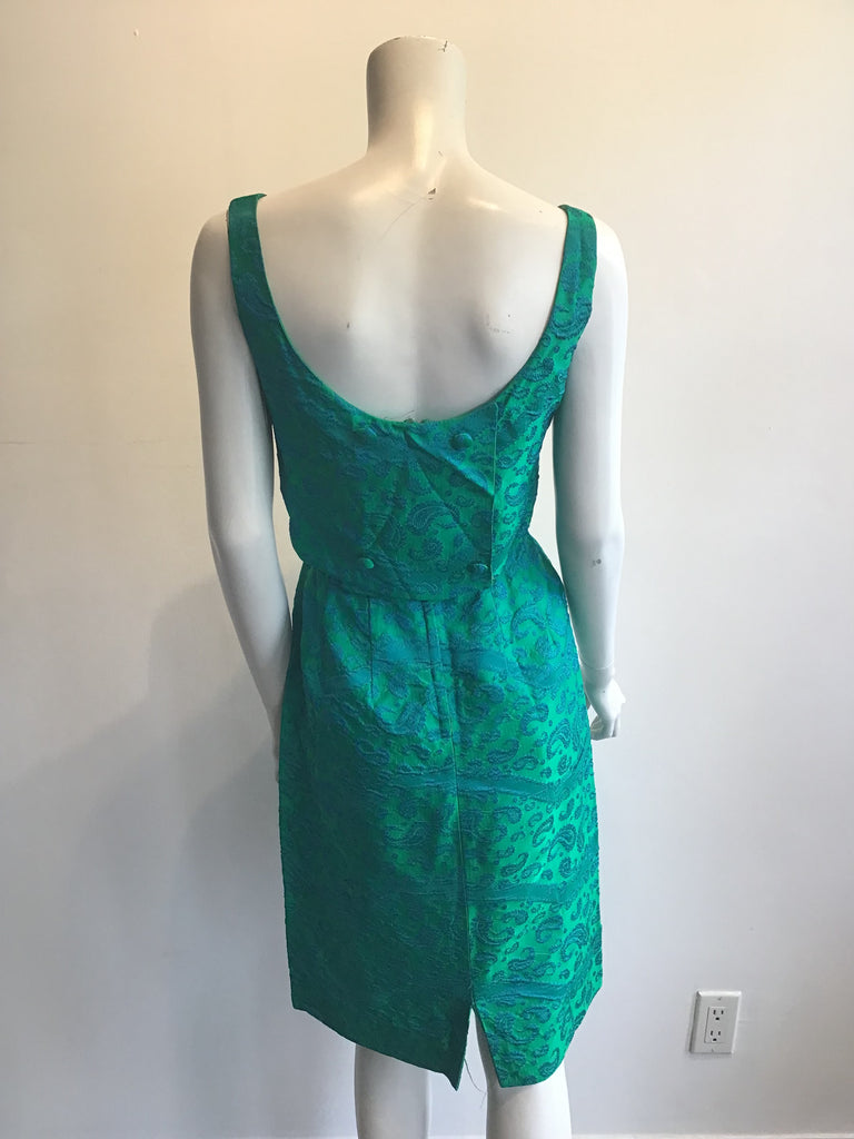 Late 1950s Green and Blue Silk Brocade Cocktail Dress Size 6