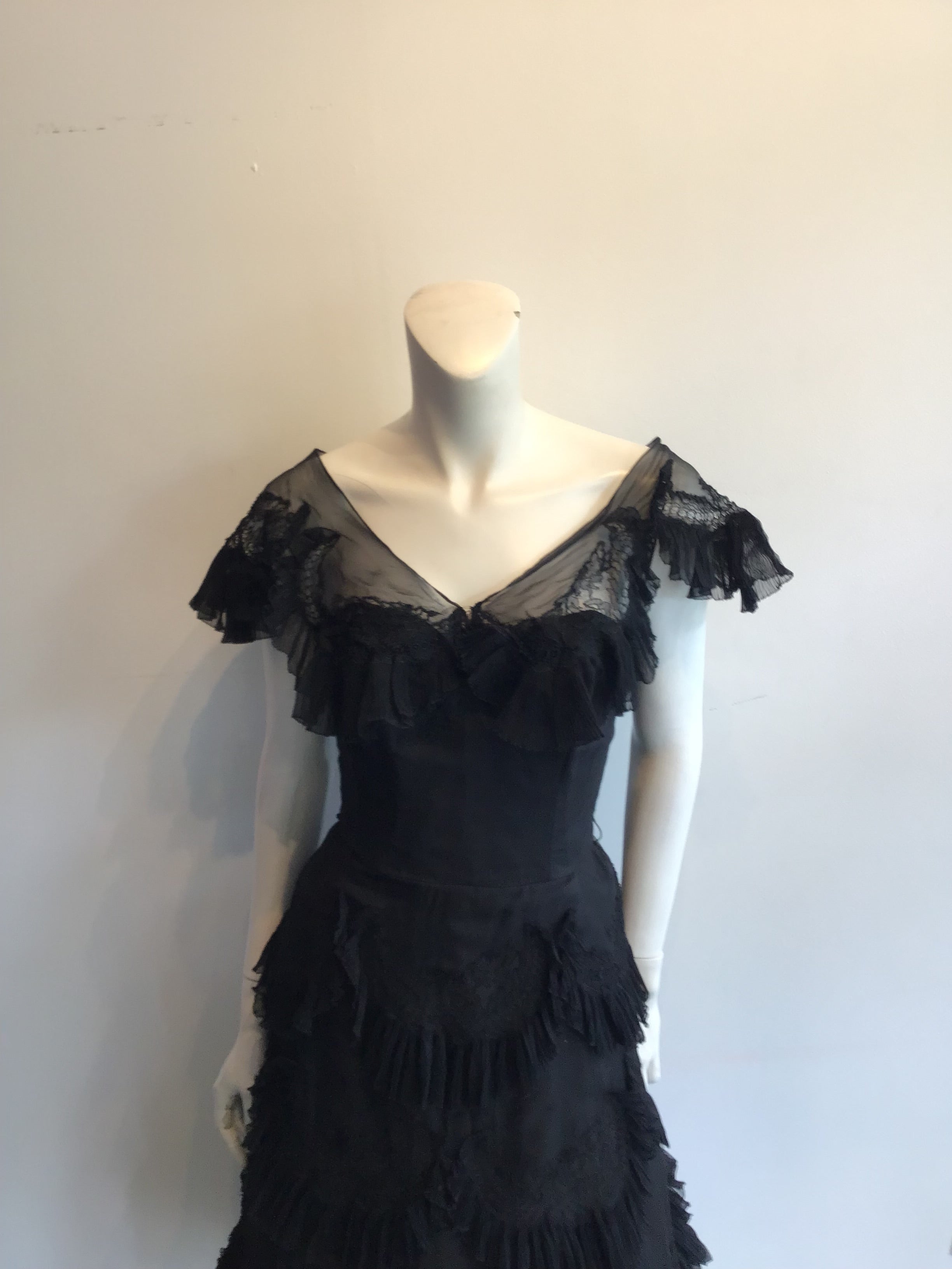 1950s Harvey Brenin Black Organza and Lace Cocktail Dress Size 6
