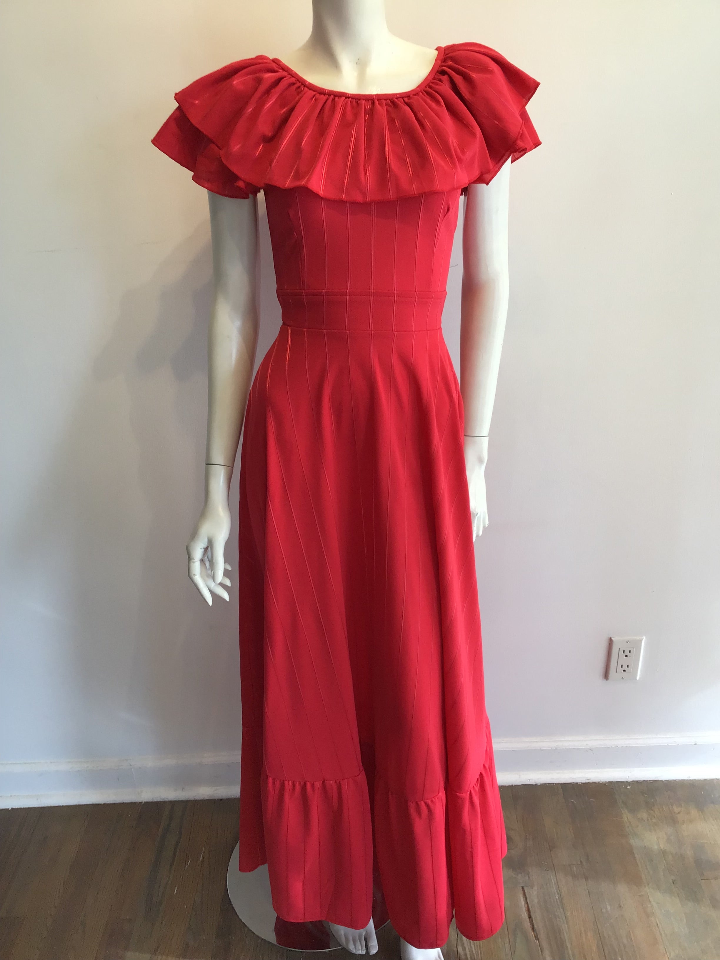 1970s Red Polyester Dress with Ruffle Neckline size 2